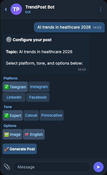 TrendPost Bot configuration screen - select platform, tone, options