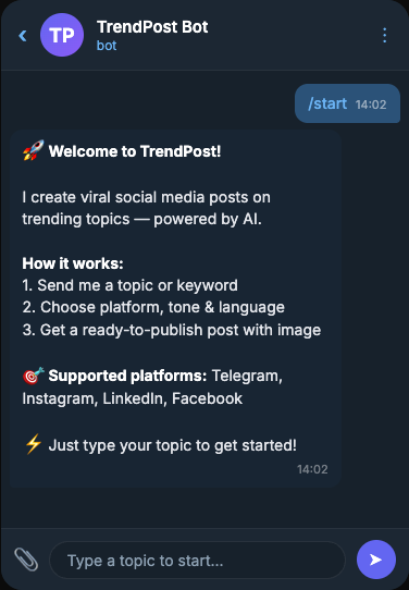 TrendPost Bot welcome screen in Telegram